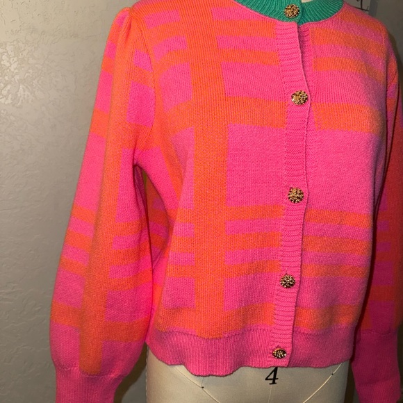 Bright Pink & Orange Color Block Cardigan - Picture 2 of 3